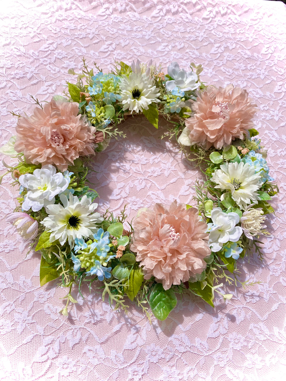 ＊Flower wreathe♡くすみサーモンピンク色ラナンキュラスのリース♡アーティフィシャルフラワー♡２９㎝＊ 6枚目の画像