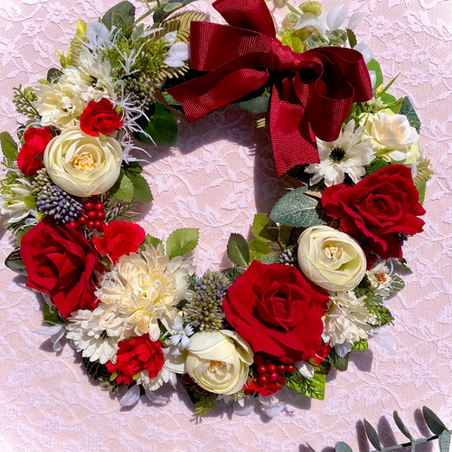 Flower wreathe♡レッドリボンのレッド&ホワイトリース♡アーティ 