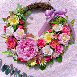 ＊Flower wreathe♡モーヴピンクのラナンキュラスと薔薇リース♡アーティフィシャルフラワー♡25㎝×30㎝＊ 2枚目の画像