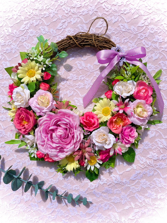 ＊Flower wreathe♡モーヴピンクのラナンキュラスと薔薇リース♡アーティフィシャルフラワー♡25㎝×30㎝＊ 2枚目の画像