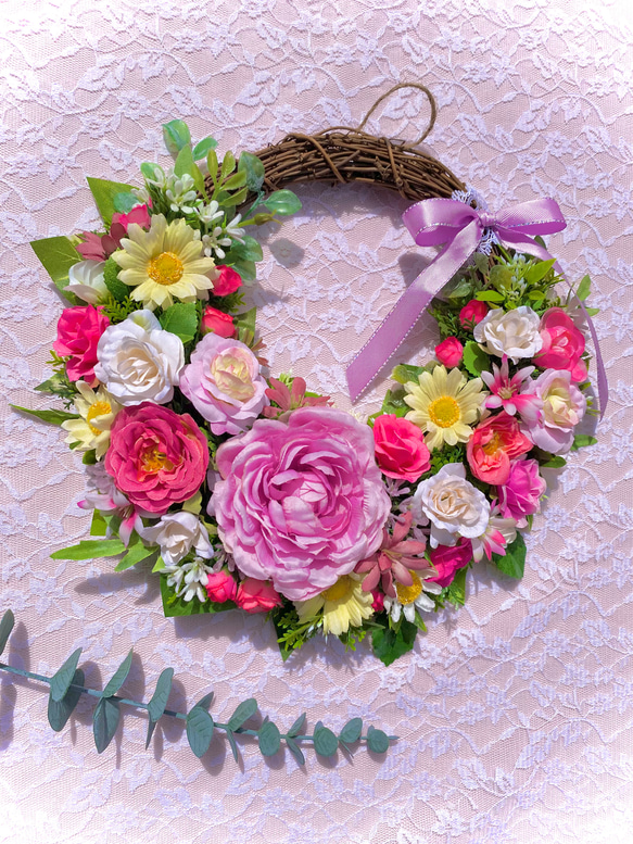 ＊Flower wreathe♡モーヴピンクのラナンキュラスと薔薇リース♡アーティフィシャルフラワー♡25㎝×30㎝＊ 3枚目の画像