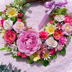 ＊Flower wreathe♡モーヴピンクのラナンキュラスと薔薇リース♡アーティフィシャルフラワー♡25㎝×30㎝＊ 5枚目の画像