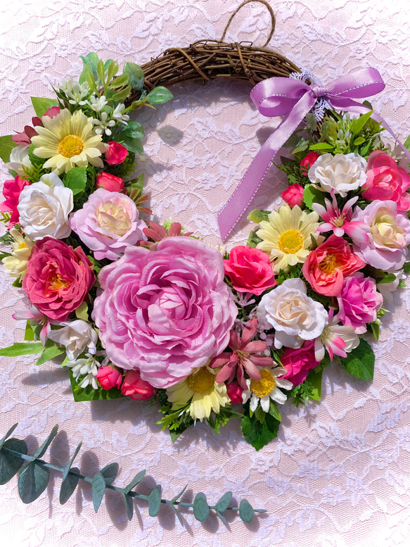 ＊Flower wreathe♡モーヴピンクのラナンキュラスと薔薇リース♡アーティフィシャルフラワー♡25㎝×30㎝＊ 5枚目の画像