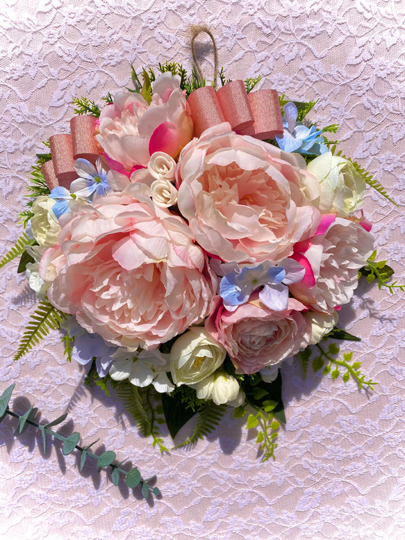＊Flower wreathe♡ピオニーのスワッグ風リース♡アーティフィシャルフラワー♡29㎝×28㎝＊ 2枚目の画像