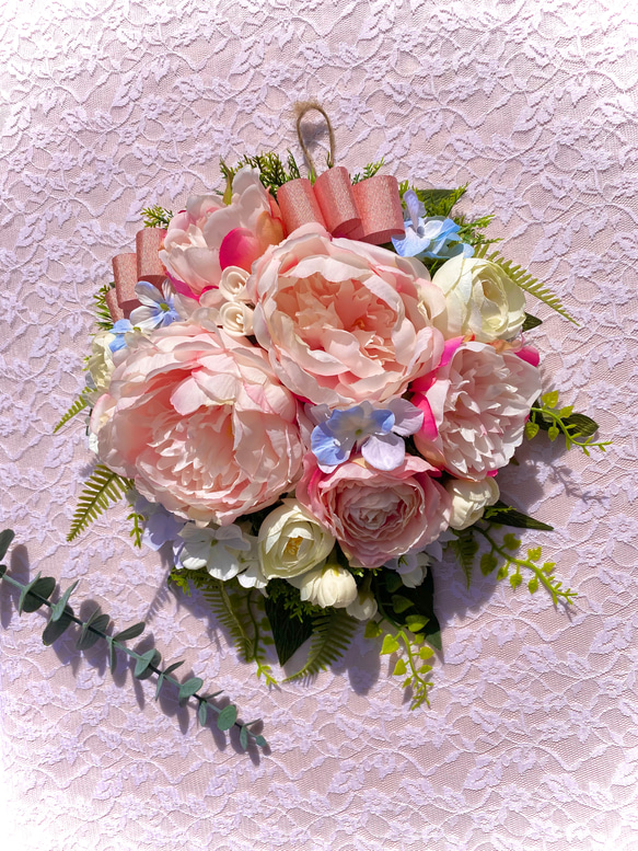 ＊Flower wreathe♡ピオニーのスワッグ風リース♡アーティフィシャルフラワー♡29㎝×28㎝＊ 4枚目の画像