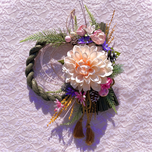 お正月飾り♡しめ飾り♡モスグリーンしめ縄&ダリア♡アーティ