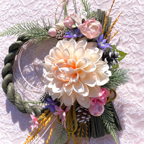 お正月飾り♡しめ飾り♡モスグリーンしめ縄&ダリア♡アーティ