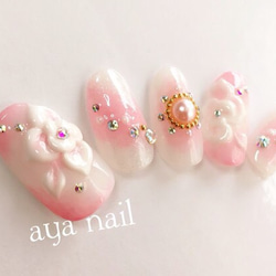 ブライダル♡うっすらピンクnail／3Dフラワー 1枚目の画像