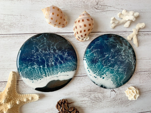 海レジンアート✳︎夜の海コースター その他キッチン小物 花と海