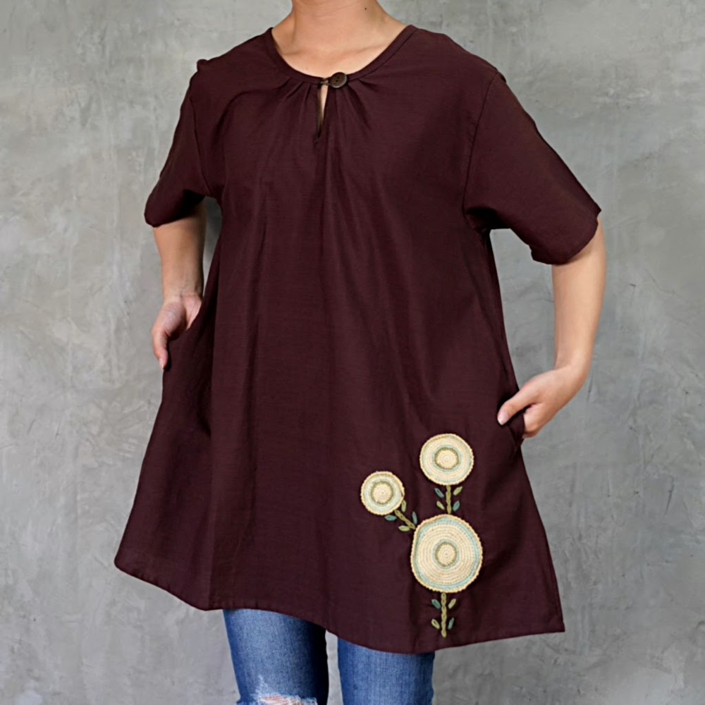 ≪可愛いフラワー≫クロシェ　Aライン　チュニック　ブラウン