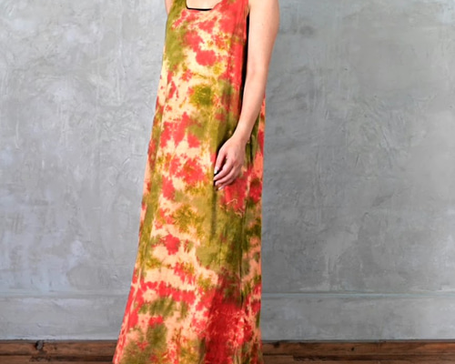 ≪エスニック≫ノースリロングワンピース ダイ染 オレンジ グリーン