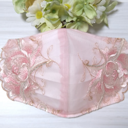 【送料込み】 不織布マスクカバー ピンク 大輪花柄 ラメ刺繍    肌に優しい 3枚目の画像