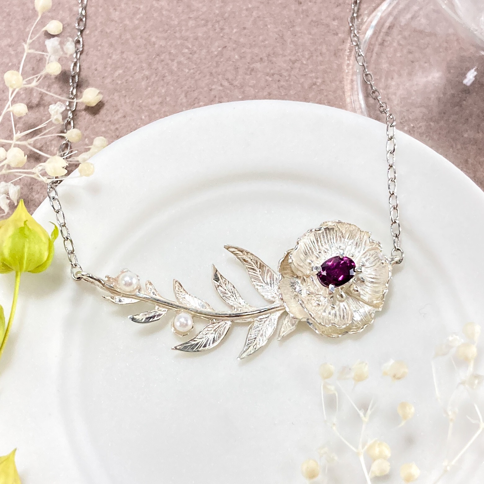 【受注】ロードライトガーネットのフラワーネックレス SV925