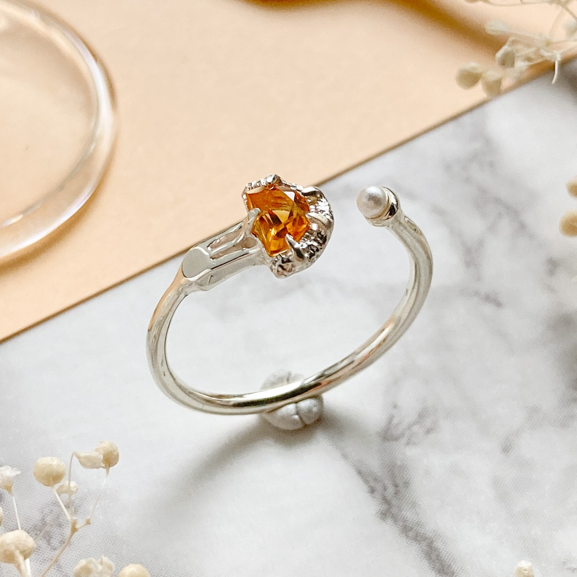 【受注】カットオレンジのフォークリング SV925 シトリン パール