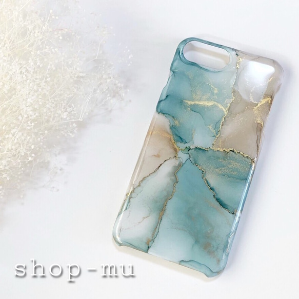 アルコールインクアート/くすみブルー/iPhoneケース/スマホケース 1枚目の画像