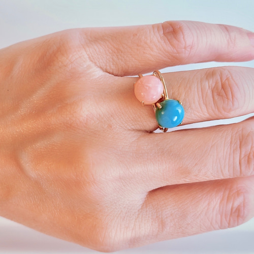 10月・12月誕生石】ピンクオパール とトルコ石のリングセット silver