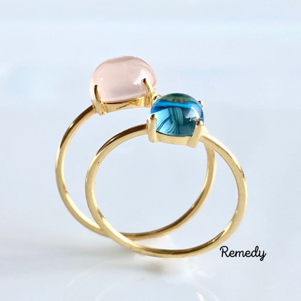 2粒で春色♪スイスブルートパーズとローズクォーツ のリングセット Silver925/18KGP 11月誕生石