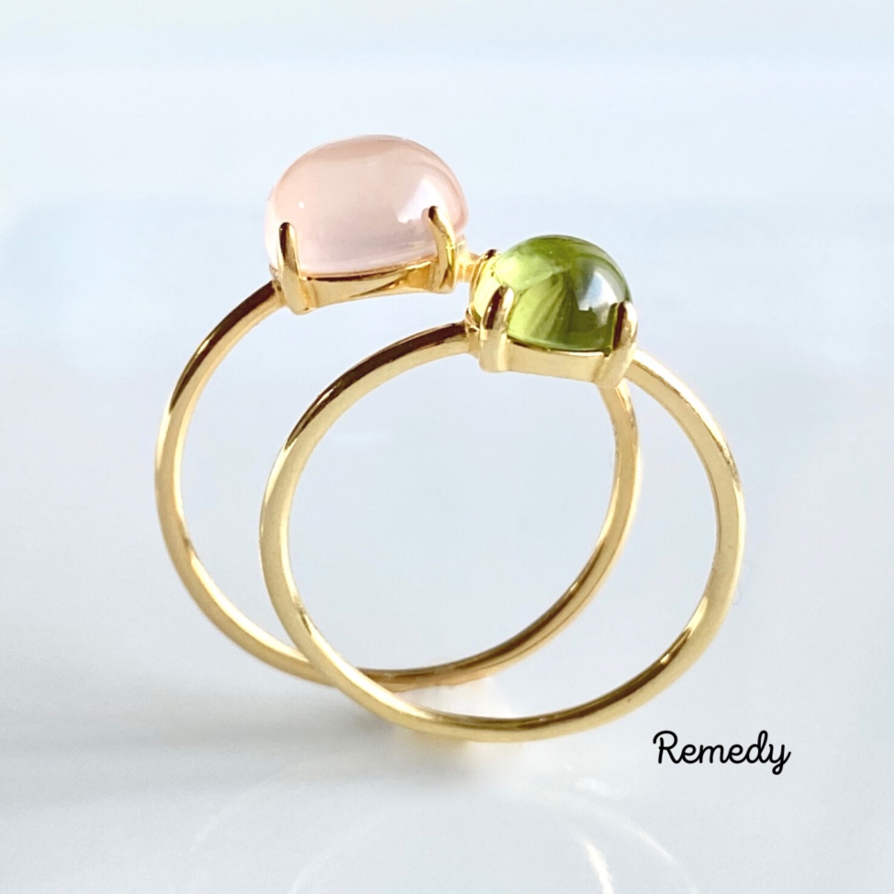 2粒で桜色♪ローズクォーツとペリドットのリングセット Silver925/18KGP 8月誕生石
