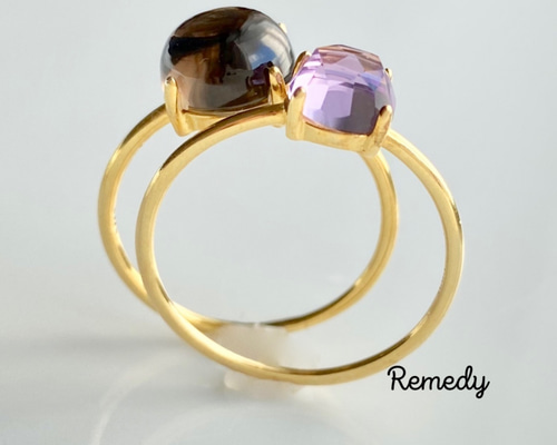 K18 スモーキークォーツ・アメジストリング 2本セット 1_f660bdb6cd7d4a678c360b4ca7b2