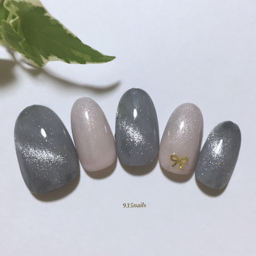 グレー×淡ラベンダー マグネットネイル ネイルチップ 成人式/振袖/着物