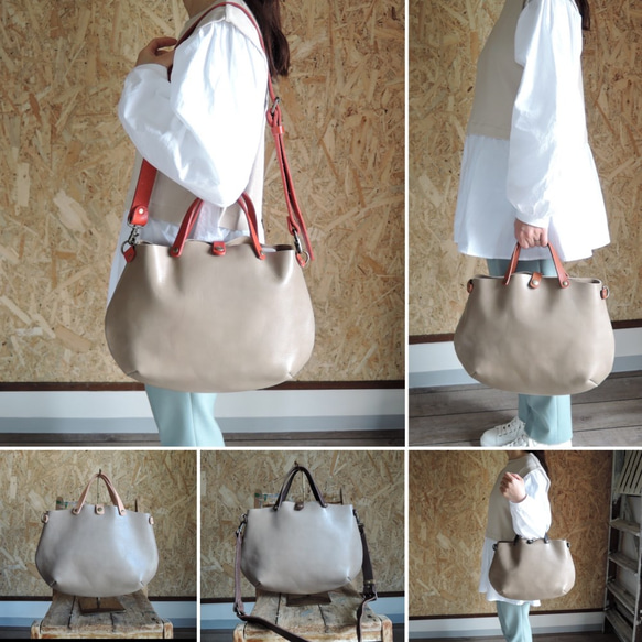 【ORZO】《Belt Set》Leather Tote Shoulder 2wayBAG(S) Grey x Camel OR 第9張的照片