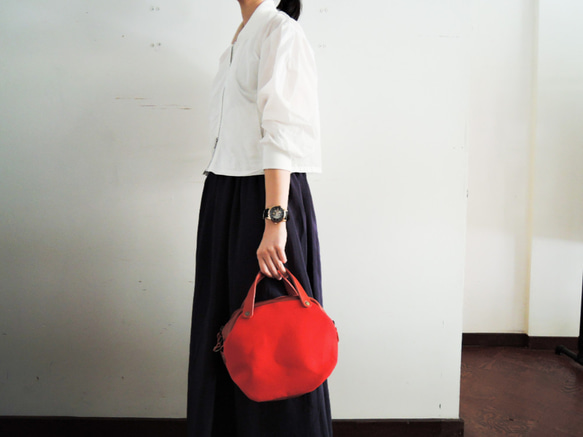 [ORZO] 帶腰帶的“福袋”Kobe 鞣製皮革 x No.8 帆布 2way 迷你波士頓單肩包紅色 524c 第6張的照片