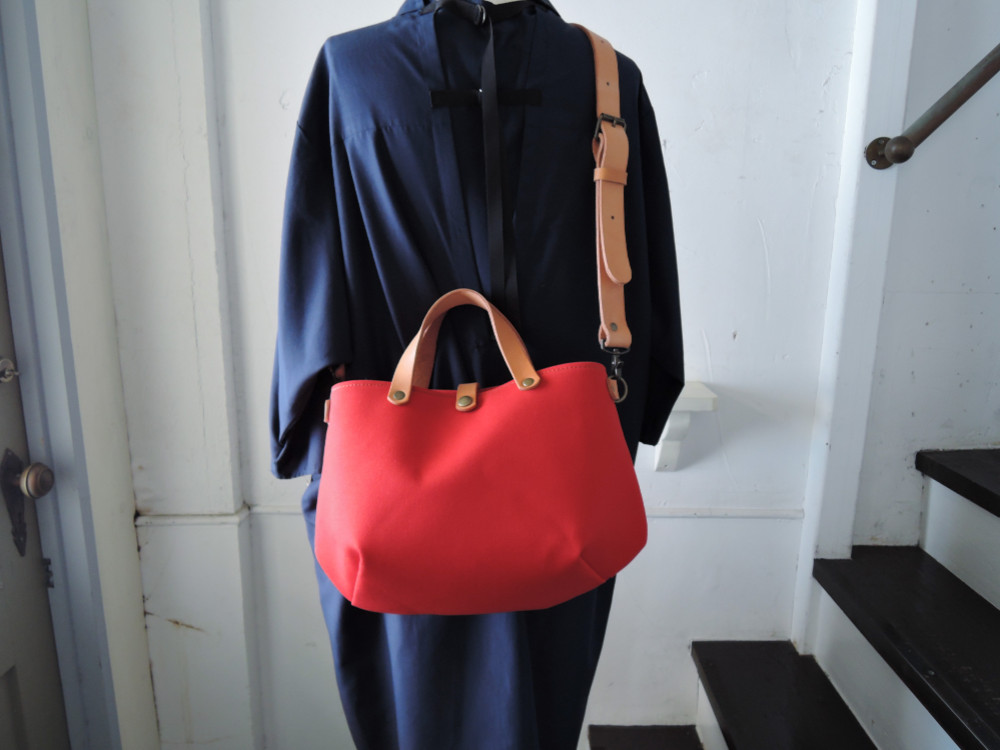 8号帆布×レザー 2way シェル型トートバッグ レッド OR514cS