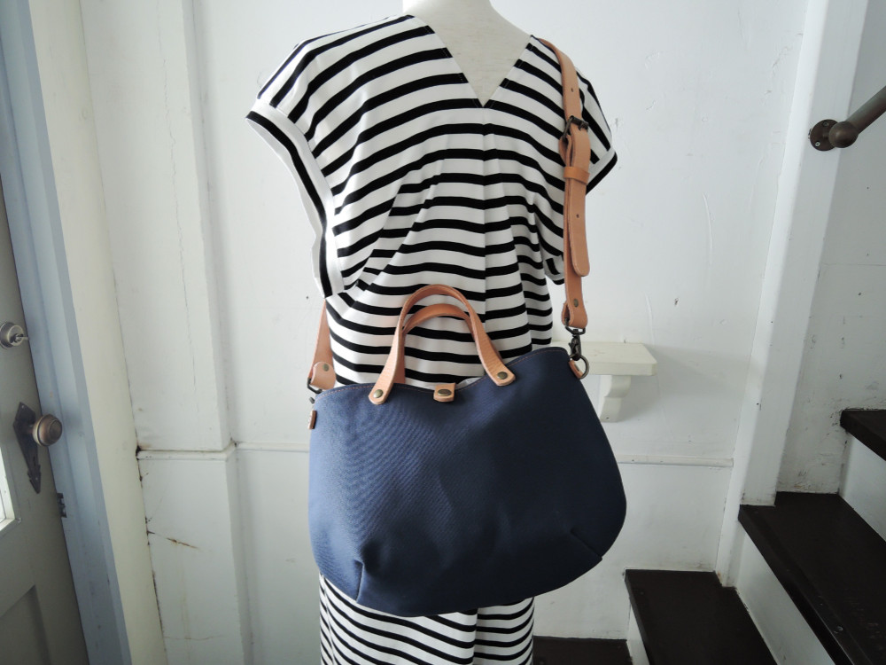 8号帆布×レザー 2way シェル型トートバッグ ネイビー OR514cS