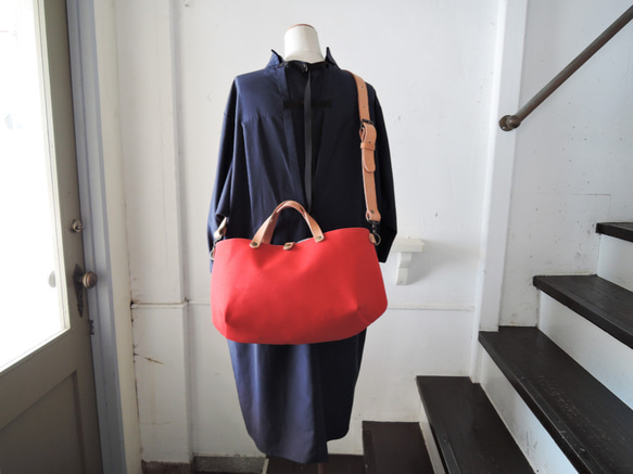 【ORZO】神戸 8号帆布xレザー 栃木レザートート ショルダー2wayBAG(M) レッド OR514c 5枚目の画像