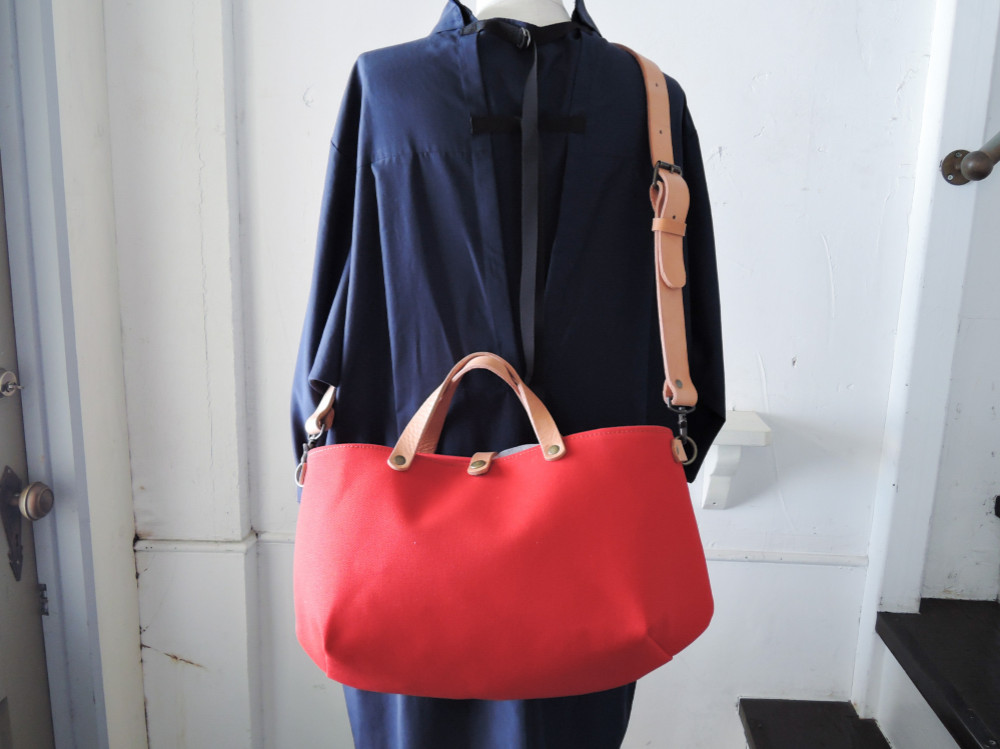 ≪A4対応≫ 8号帆布×レザー 2way シェル型トートバッグ レッド【OR514cM】