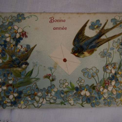 1900年初頭 フランスアンティーク スミレとツバメがエンボイス