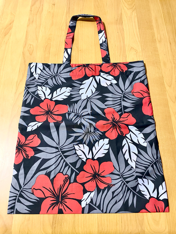 ( ハワイ花柄）☆折りたたみエコバッグ☆撥水傘布（red flower&black leaf) 3枚目の画像