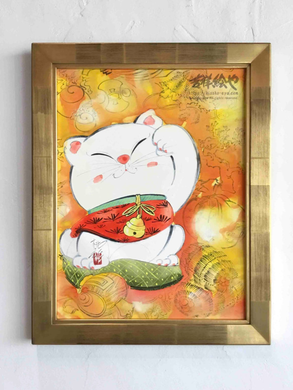 開運招福 千客万来 福々招き猫 (七福神) 桃彩 手描き Mサイズ 絵画