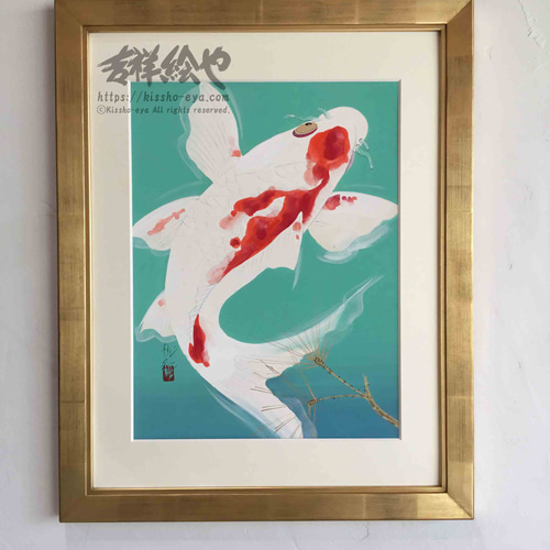 ★秀作★ 手書き油絵 鯉の滝登り（大）額付き インテリア 油彩画 ギフト】 手書き油絵 ☆秀作☆ 鯉の滝登り（大）額付き 油彩画