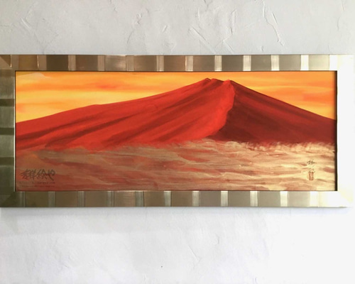 ◆総手描き◆縁起吉祥◆赤富士 ◆ 吉祥開運 金雲赤富士 手描き 桃彩 吉祥画 縁起物 赤富士の絵 絵画