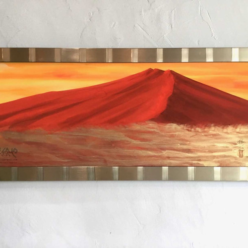 吉祥開運 金雲赤富士 手描き 桃彩 吉祥画 縁起物 赤富士の絵 絵画