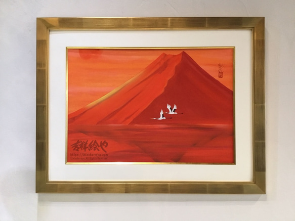 開業祝いにおすすめ☆会社や旅館のロビーにモダンに飾れる☆手描きの赤富士の絵 「吉祥双鶴赤富士」 LLサイズ 1枚目の画像