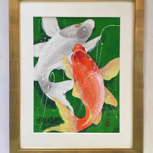★大人気商品★ 生命力溢れる手描きの吉祥画 「夫婦鯉の滝登り」 Lサイズ(大衣 版画