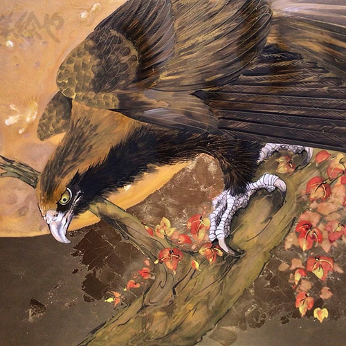 豪華で上品な迫力☆手描き原画「錦秋鷹ノ図/きいかわ宗圓」 LLサイズ