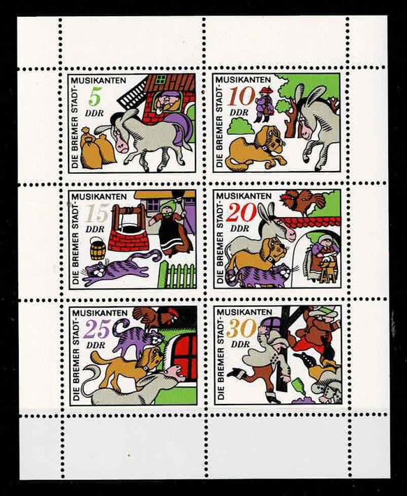 【アートな切手】S154童話（ブレーメンの音楽隊）小型シート（東ドイツ）　コラージュ、レジンなどにどうぞ 1枚目の画像