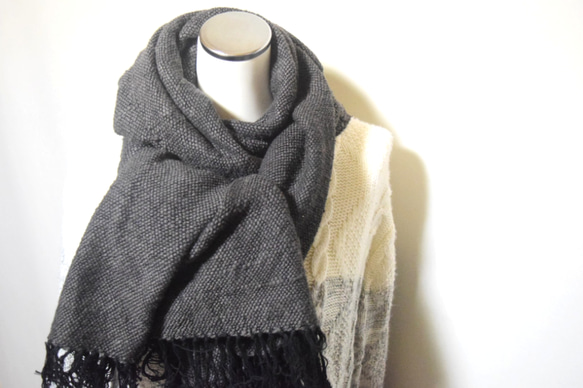 手織り☆自然素材】ガラ紡のふわふわ毛糸マフラーショール「夜叉