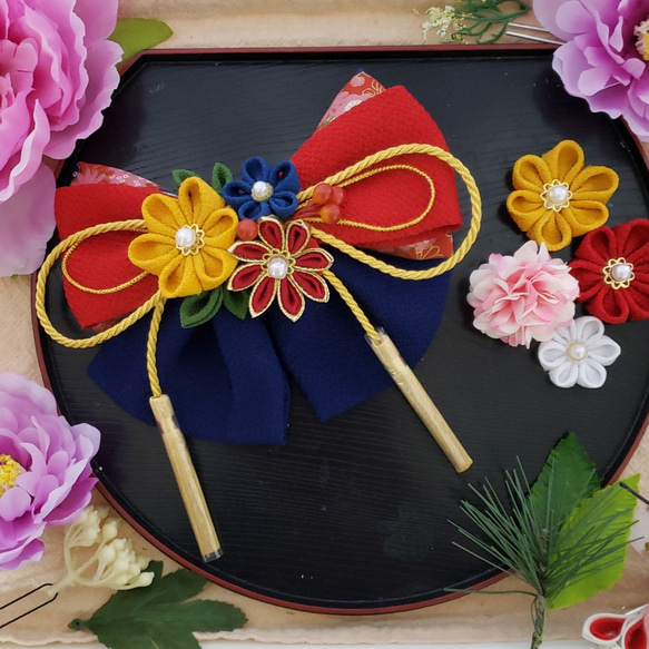 つまみ細工髪飾りリボン 白 ゴールド ピンク 赤 紺色