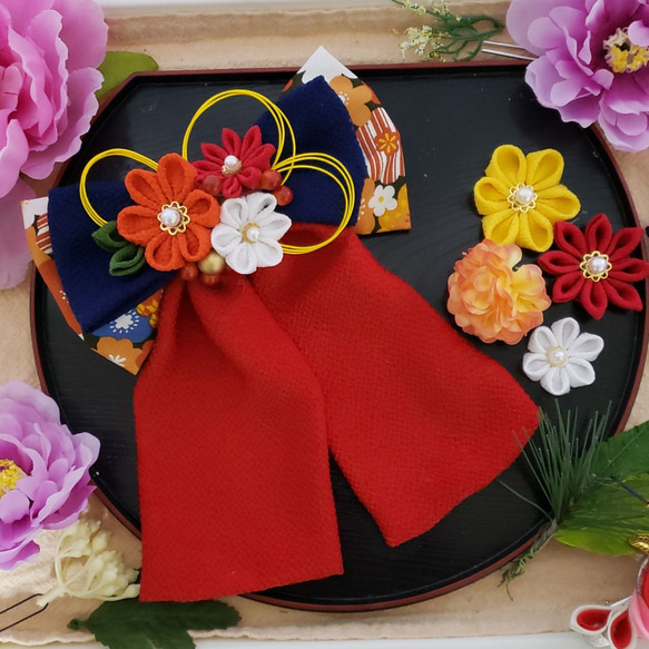 つまみ細工髪飾りビックリボン オレンジ系 着物 ⭐～楓樺～⭐セール中 