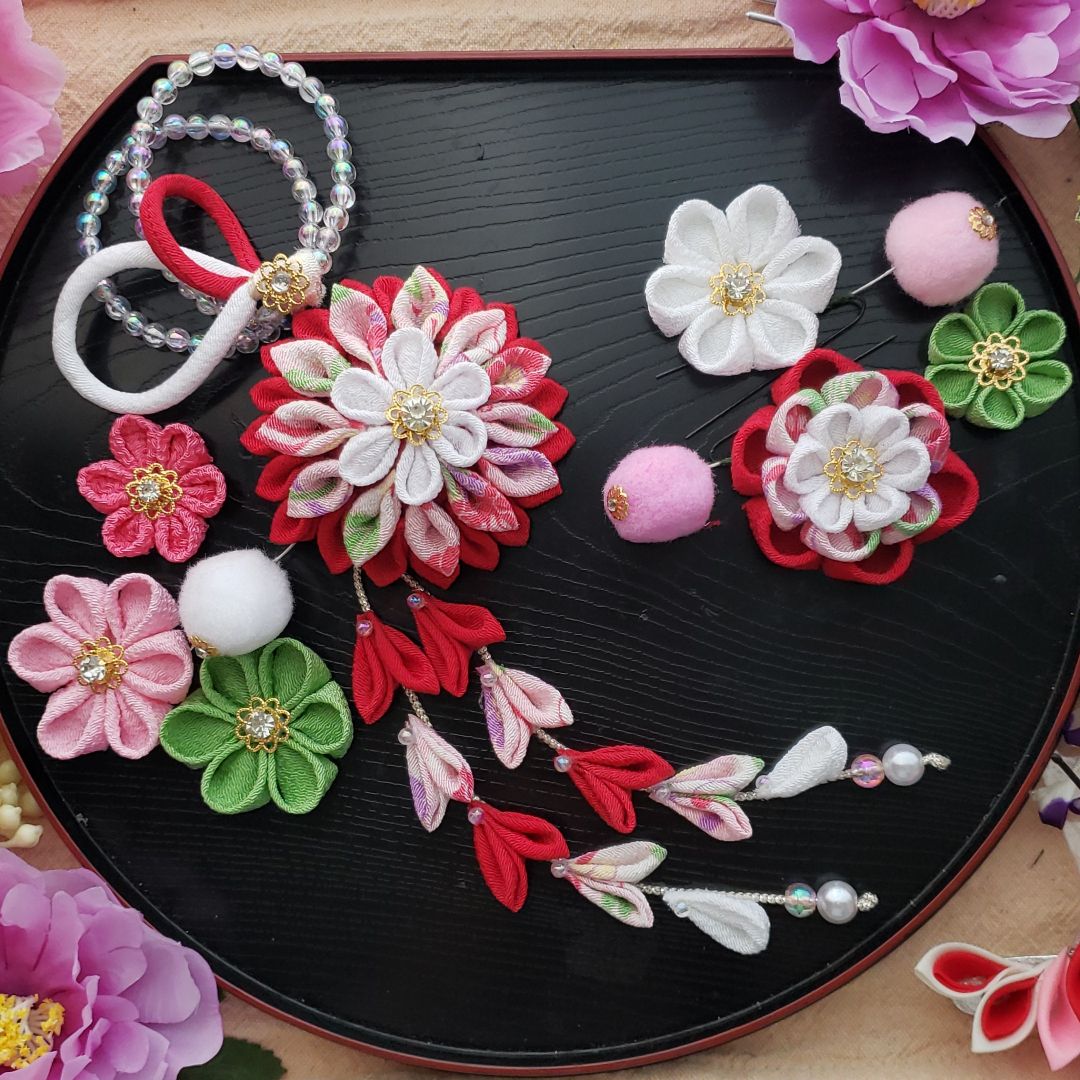 つまみ細工髪飾り　ピンクグラデーション