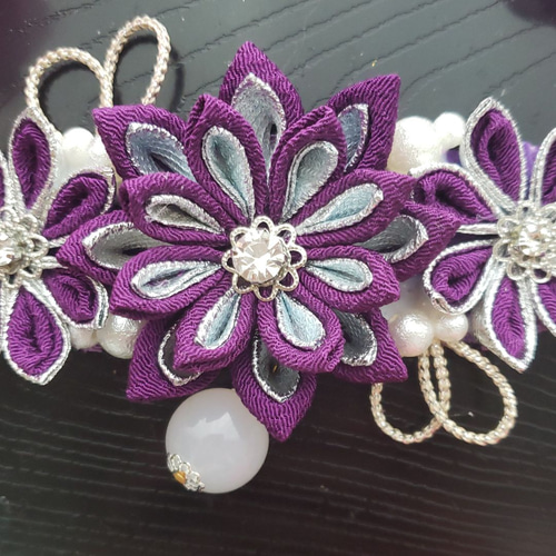 つまみ細工帯留め薄紫シルバー