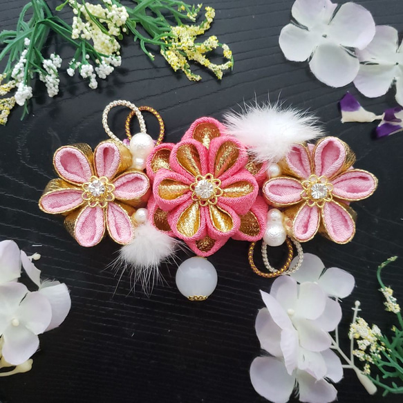 つまみ細工帯留め　再販受付　七五三　成人式　卒業式　結婚式パール つまみ細工帯留め 再販受付 七五三 成人式 卒業式 結婚式パール