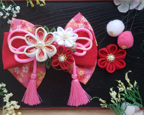 つまみ細工リボン髪飾りピンク赤白七五三成人式浴衣結婚式