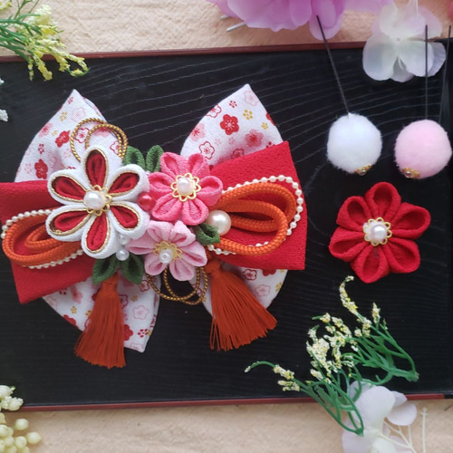 つまみ細工リボン髪飾りピンク赤白七五三成人式浴衣結婚式