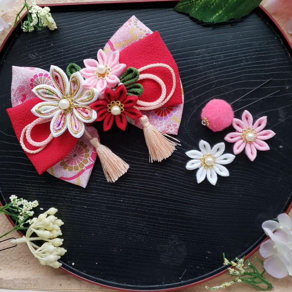 つまみ細工リボン髪飾りピンク赤白七五三成人式浴衣結婚式