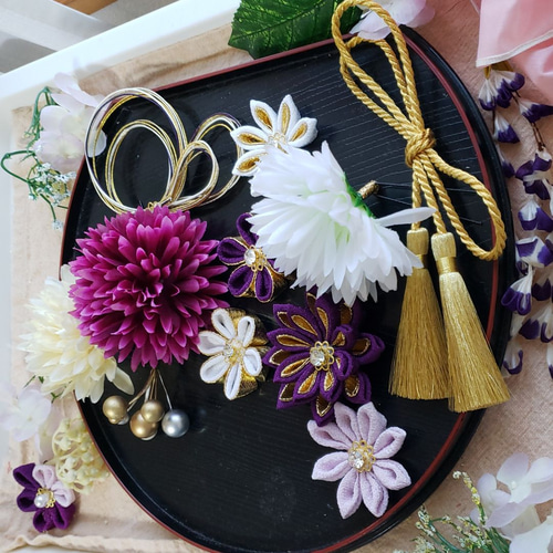 つまみ細工髪飾り 七五三 成人式 卒業式 浴衣 マム 紫 金 白 水引  